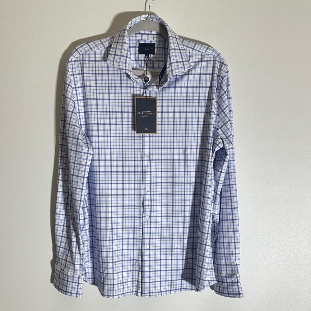 Men's Blue and White Plaid Button-Down Shirt